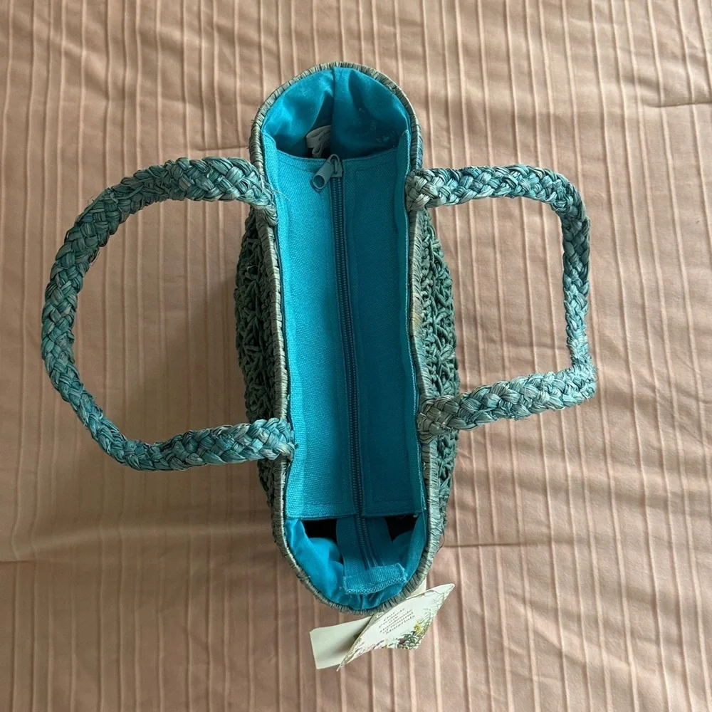 Cappella Straworld Boho Beach Bag Tote Zipper Closure Handwoven Teal Crochet
